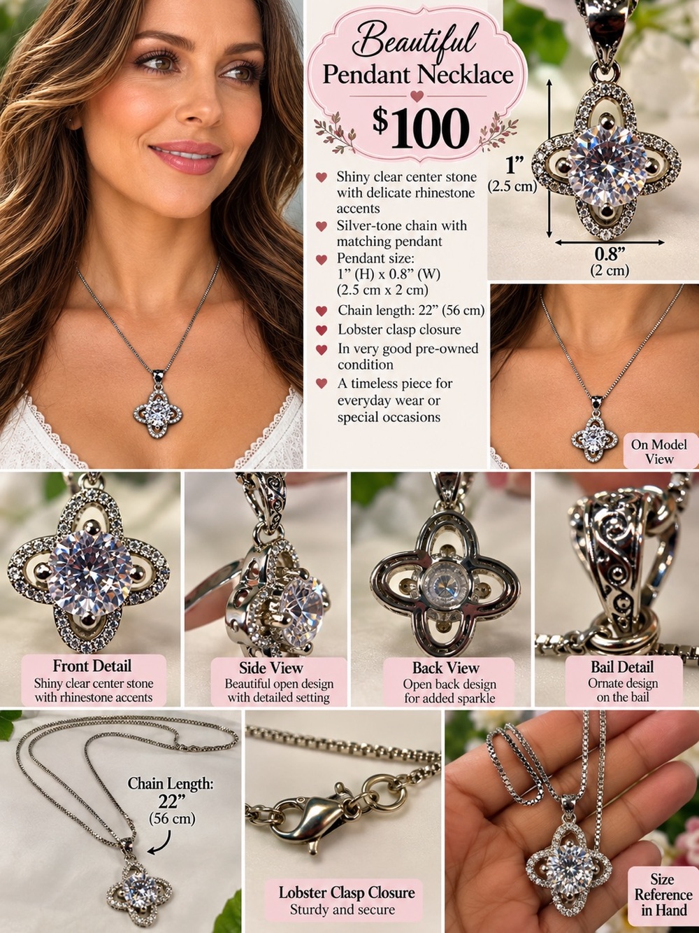 Silver-Tone Clear Crystal Pendant Necklace - Sparkling Floral Motif